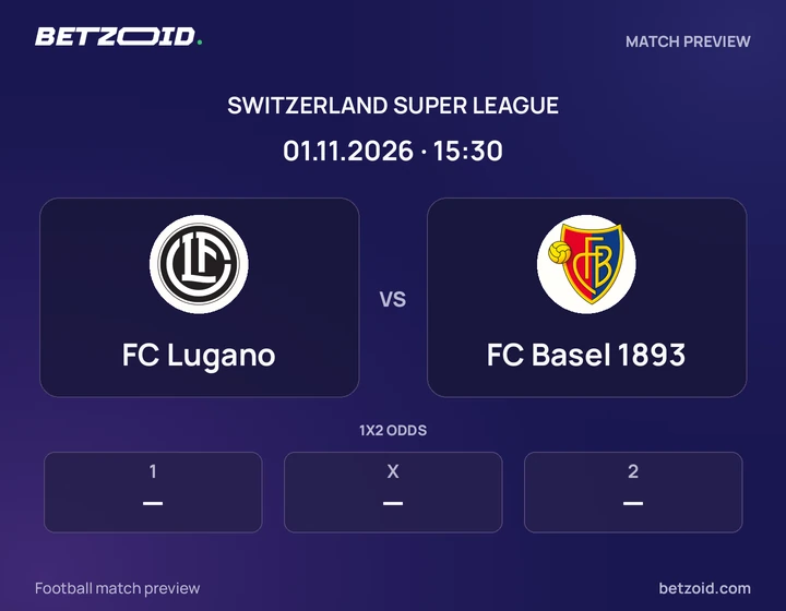 FC Lugano vs FC Basel 1893: Switzerland Super League match preview with team badges and kick-off details.