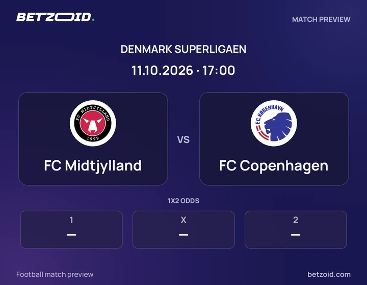 FC Midtjylland vs FC Copenhagen: Denmark Superligaen match preview with team badges and kick-off details.
