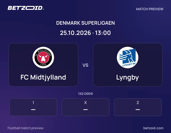 FC Midtjylland - Lyngby FC Midtjylland vs Lyngby: Denmark Superligaen match preview with team badges and kick-off details.