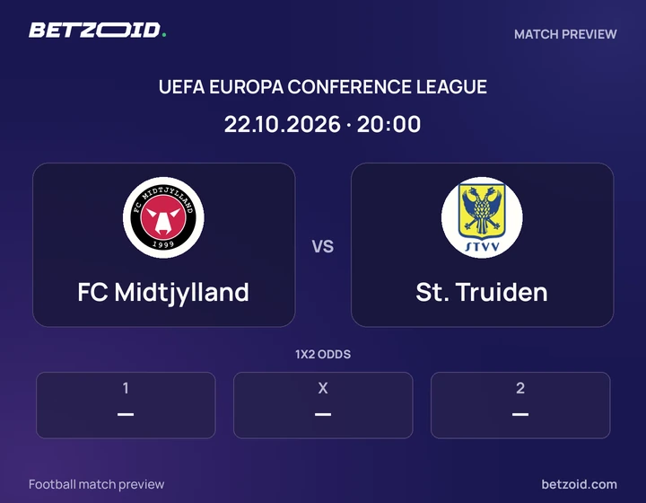 FC Midtjylland vs St. Truiden: UEFA Europa Conference League match preview with team badges and kick-off details.