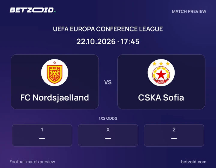 FC Nordsjaelland vs CSKA Sofia: UEFA Europa Conference League match preview with team badges and kick-off details.