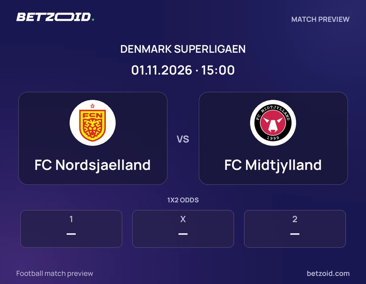 FC Nordsjaelland vs FC Midtjylland: Denmark Superligaen match preview with team badges and kick-off details.