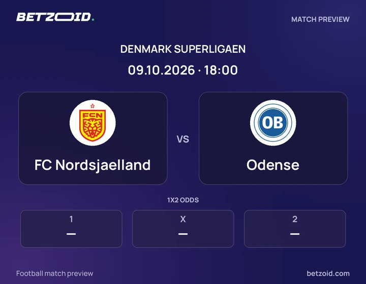 FC Nordsjaelland vs Odense: Denmark Superligaen match preview with team badges and kick-off details.