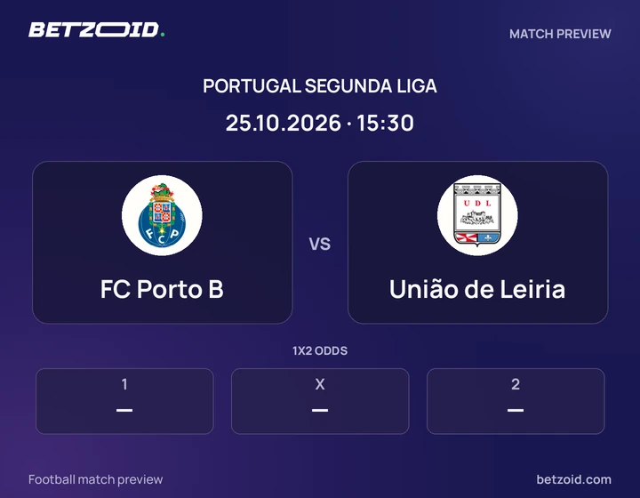FC Porto B vs União de Leiria: Portugal Segunda Liga match preview with team badges and kick-off details.