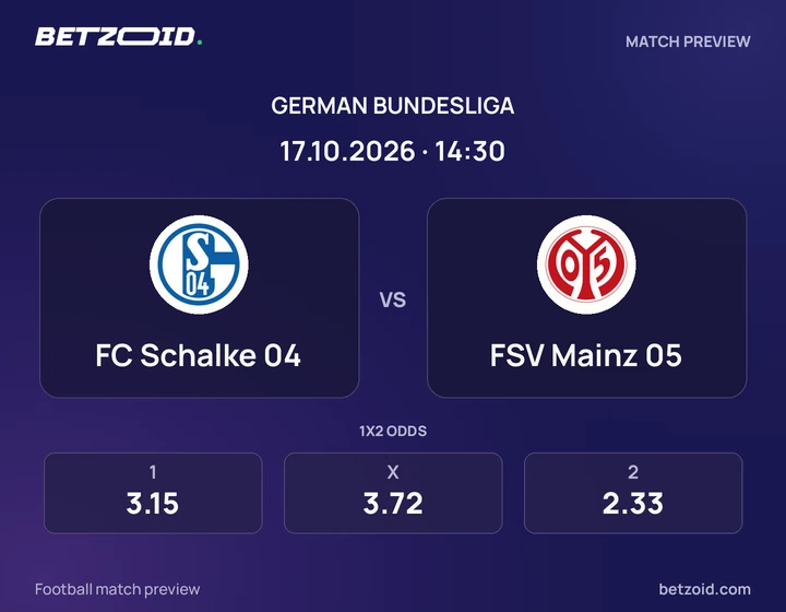 FC Schalke 04 – FSV Mainz 05 FC Schalke 04 – FSV Mainz 05: Spielvorschau zum Wettbewerb Bundesliga mit Teamlogos und Anstoßzeit.