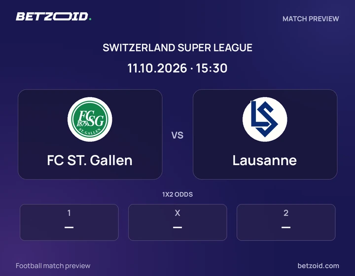 FC ST. Gallen - Lausanne FC ST. Gallen vs Lausanne: Switzerland Super League match preview with team badges and kick-off details.