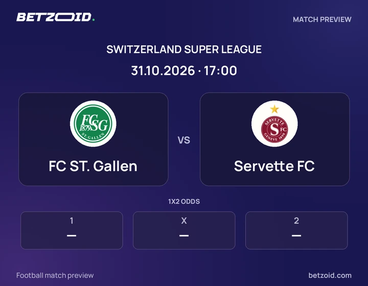 FC ST. Gallen vs Servette FC: Switzerland Super League match preview with team badges and kick-off details.