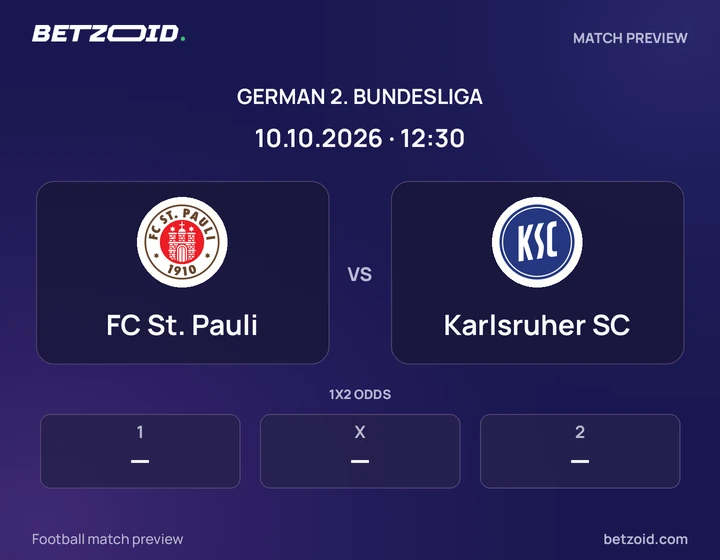 FC St. Pauli vs Karlsruher SC: German 2. Bundesliga match preview with team badges and kick-off details.