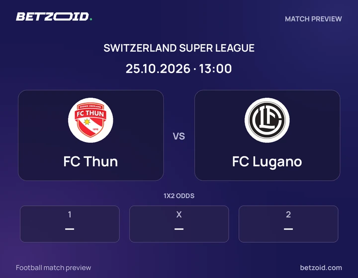 FC Thun vs FC Lugano: Switzerland Super League match preview with team badges and kick-off details.