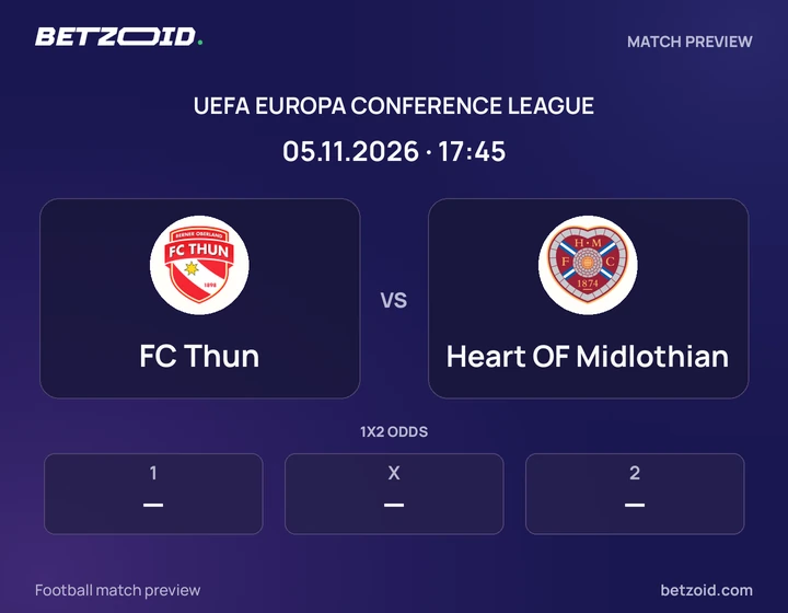 FC Thun - Heart OF Midlothian FC Thun vs Heart OF Midlothian: UEFA Europa Conference League match preview with team badges and kick-off details.