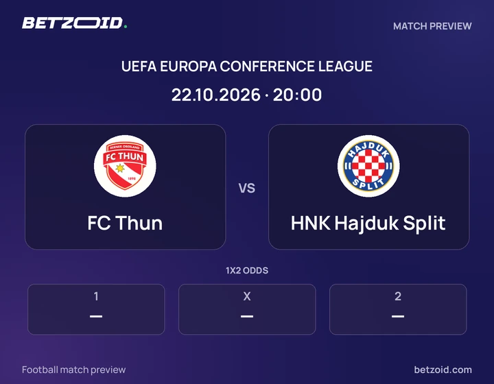 FC Thun vs HNK Hajduk Split: UEFA Europa Conference League match preview with team badges and kick-off details.