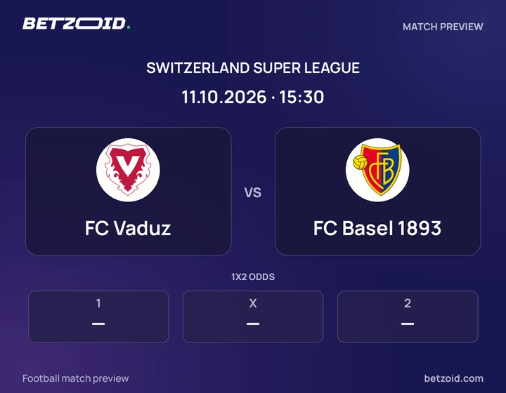 FC Vaduz vs FC Basel 1893: Switzerland Super League match preview with team badges and kick-off details.