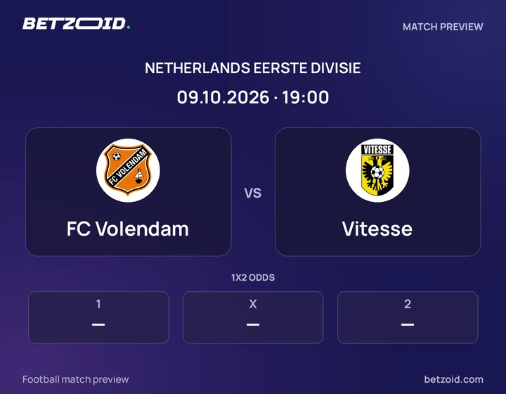 FC Volendam vs Vitesse: Netherlands Eerste Divisie match preview with team badges and kick-off details.