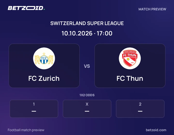 FC Zurich vs FC Thun: Switzerland Super League match preview with team badges and kick-off details.