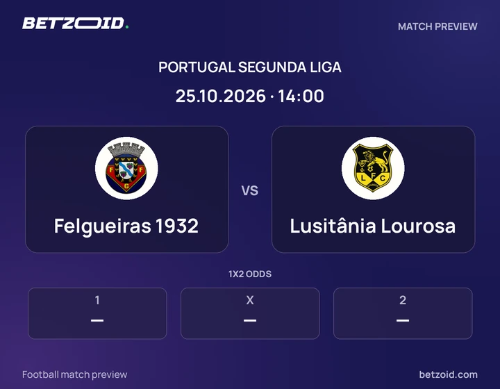 Felgueiras 1932 vs Lusitânia Lourosa: Portugal Segunda Liga match preview with team badges and kick-off details.
