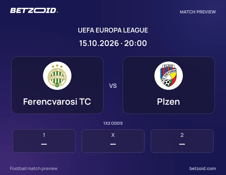 Ferencvarosi TC vs Plzen: UEFA Europa League match preview with team badges and kick-off details.