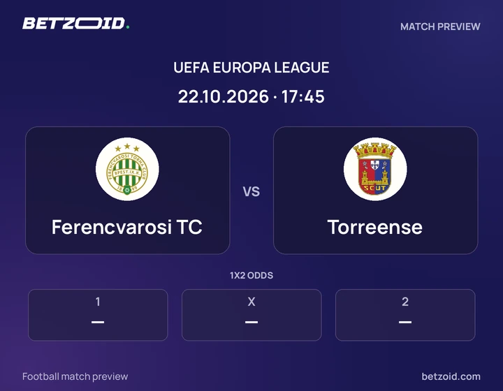 Ferencvarosi TC vs Torreense: UEFA Europa League match preview with team badges and kick-off details.