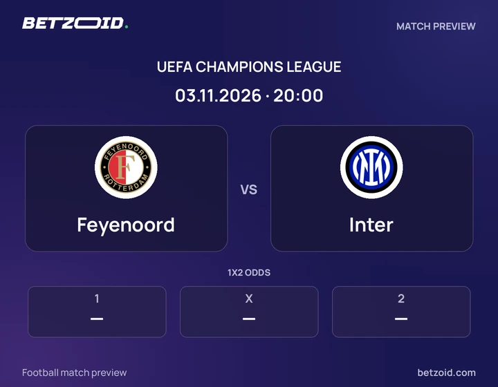 Feyenoord vs Inter: UEFA Champions League match preview with team badges and kick-off details.