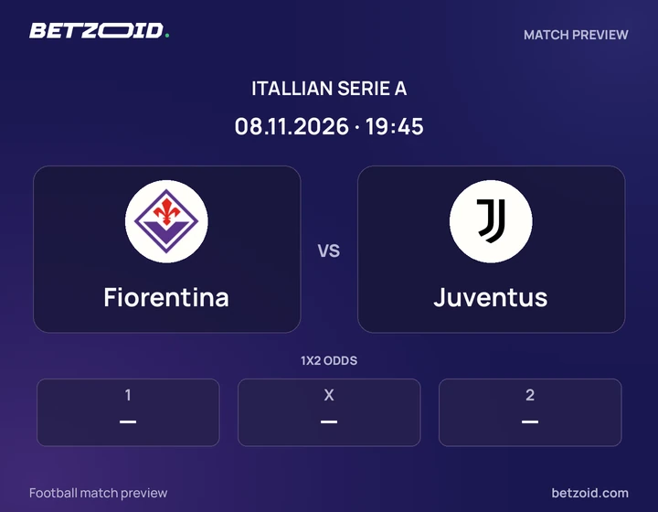 Fiorentina vs Juventus: Itallian Serie A match preview with team badges and kick-off details.