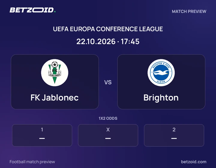 FK Jablonec vs Brighton: UEFA Europa Conference League match preview with team badges and kick-off details.