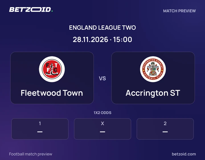 Fleetwood Town vs Accrington ST: England League Two match preview with team badges and kick-off details.