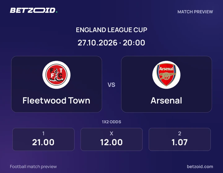 Fleetwood Town vs Arsenal: England League Cup match preview with team badges and kick-off details.