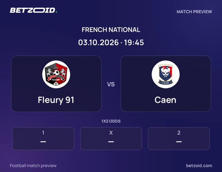 Fleury 91 vs Caen: French National match preview with team badges and kick-off details.