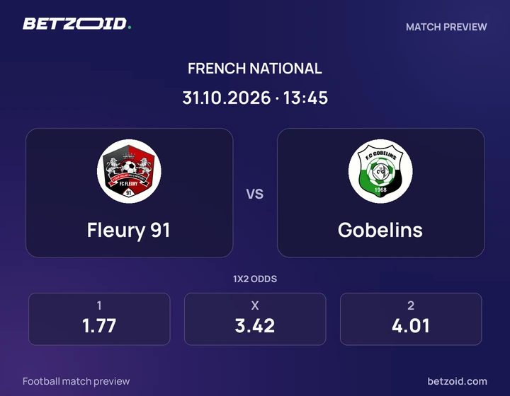 Fleury 91 - Gobelins Fleury 91 vs Gobelins: French National match preview with team badges and kick-off details.
