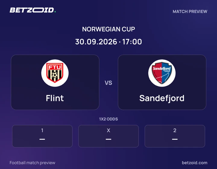 Flint vs Sandefjord: Norwegian Cup match preview with team badges and kick-off details.