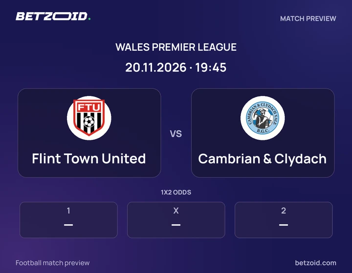 Flint Town United - Cambrian & Clydach Flint Town United vs Cambrian & Clydach: Wales Premier League match preview with team badges and kick-off details.