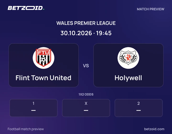 Flint Town United vs Holywell: Wales Premier League match preview with team badges and kick-off details.