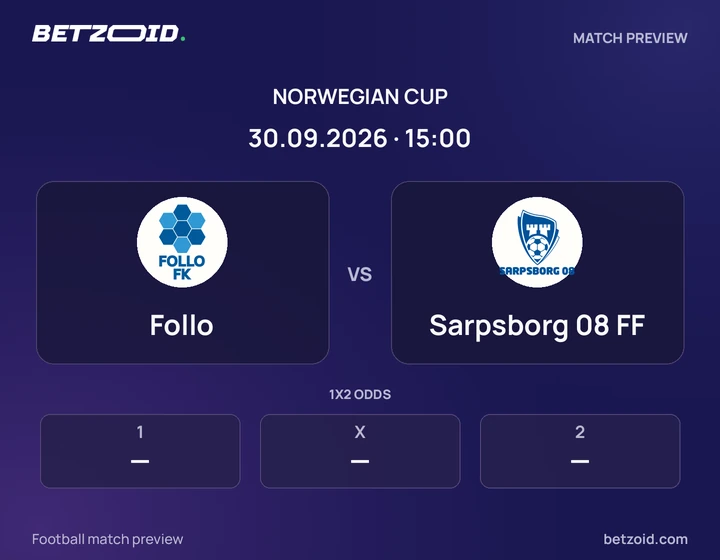 Follo - Sarpsborg 08 FF Follo vs Sarpsborg 08 FF: Norwegian Cup match preview with team badges and kick-off details.