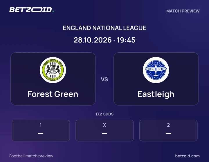 Forest Green vs Eastleigh: England National League match preview with team badges and kick-off details.