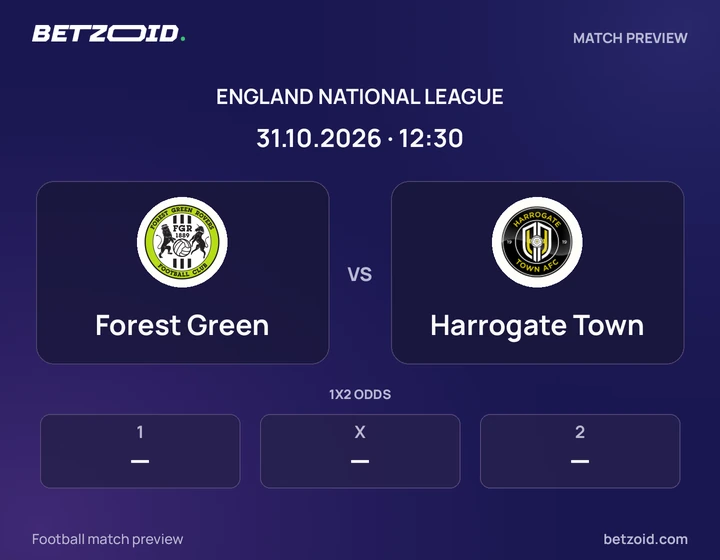 Forest Green vs Harrogate Town: England National League match preview with team badges and kick-off details.