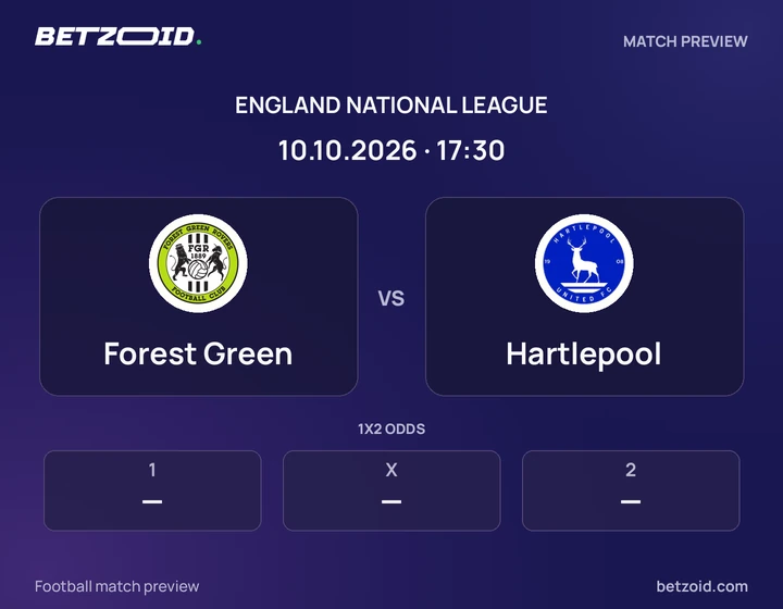 Forest Green vs Hartlepool: England National League match preview with team badges and kick-off details.