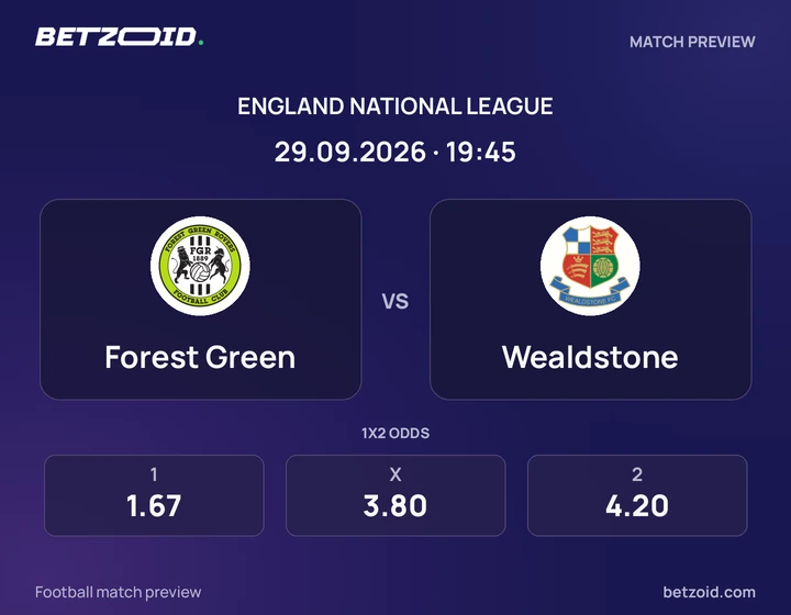 Forest Green - Wealdstone Forest Green vs Wealdstone: England National League match preview with team badges and kick-off details.