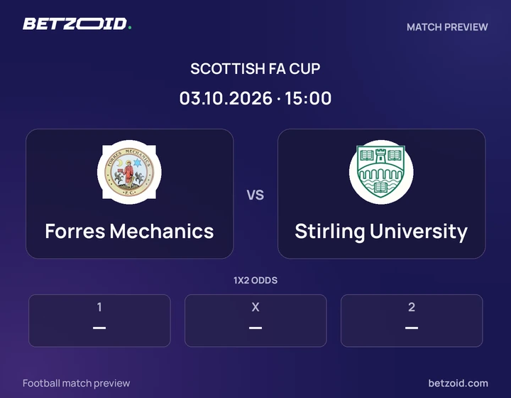 Forres Mechanics vs Stirling University: Scottish FA Cup match preview with team badges and kick-off details.