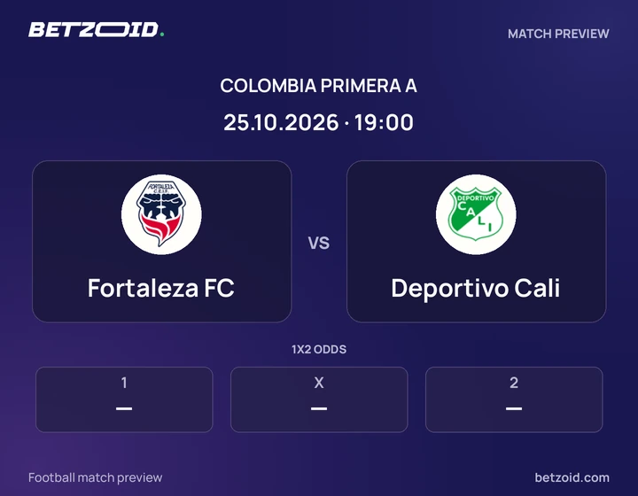 Fortaleza FC vs Deportivo Cali: Colombia Primera A match preview with team badges and kick-off details.
