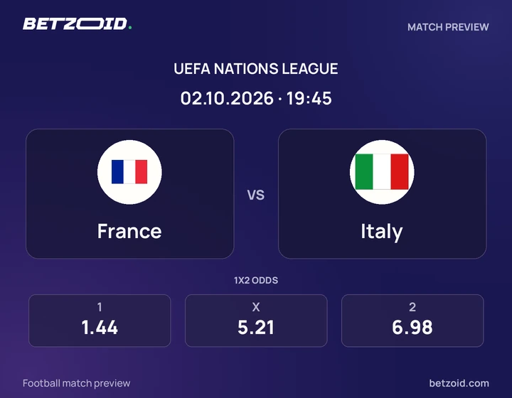 France – Italy France – Italy : présentation du match de Ligue des nations de l’UEFA avec les logos des équipes et l’horaire du coup d’envoi.