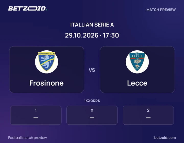 Frosinone vs Lecce: Itallian Serie A match preview with team badges and kick-off details.