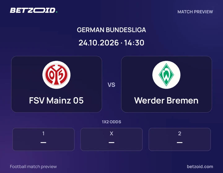 FSV Mainz 05 vs Werder Bremen: German Bundesliga match preview with team badges and kick-off details.