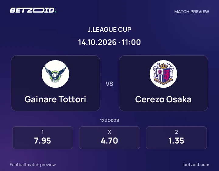 Gainare Tottori vs Cerezo Osaka: J.League Cup match preview with team badges and kick-off details.