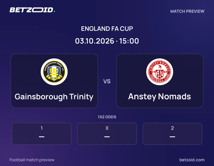 Gainsborough Trinity vs Anstey Nomads: England FA Cup match preview with team badges and kick-off details.