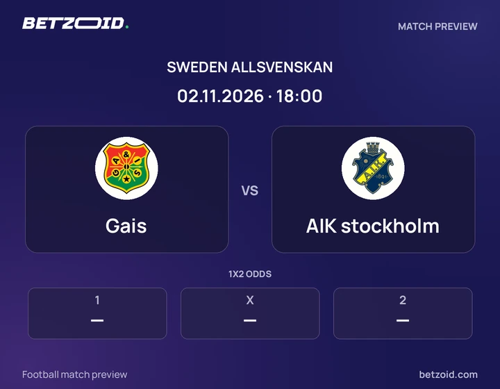 Gais - AIK stockholm Gais vs AIK stockholm: Sweden Allsvenskan match preview with team badges and kick-off details.