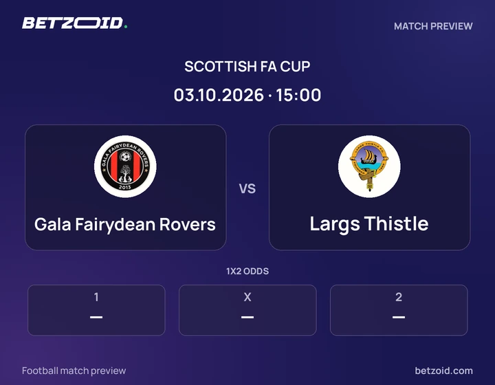 Gala Fairydean Rovers vs Largs Thistle: Scottish FA Cup match preview with team badges and kick-off details.