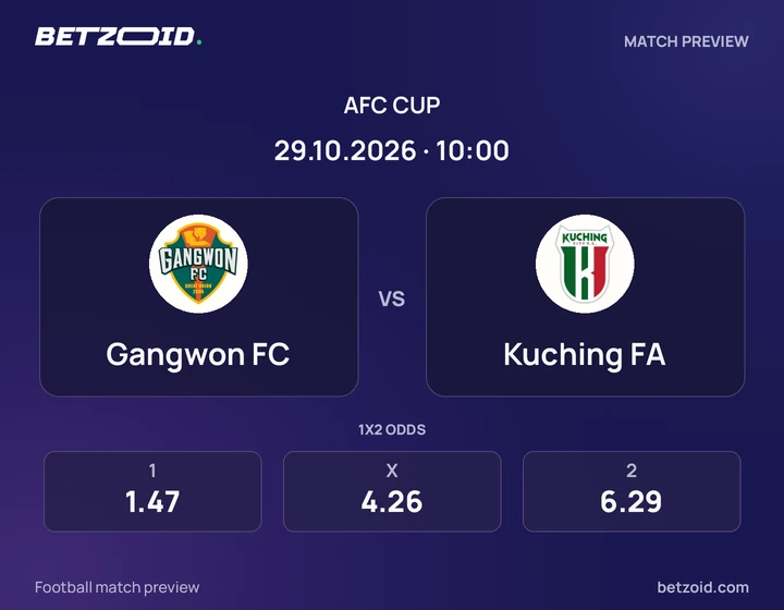 Gangwon FC - Kuching FA Gangwon FC vs Kuching FA: AFC Cup match preview with team badges and kick-off details.