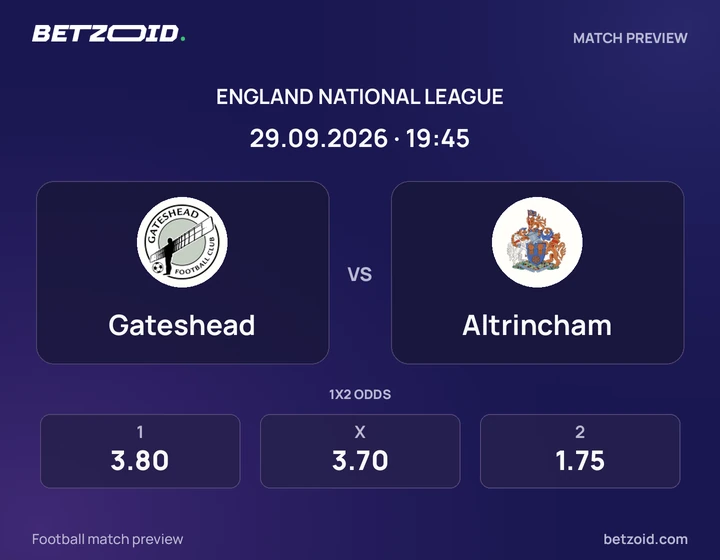Gateshead vs Altrincham: England National League match preview with team badges and kick-off details.