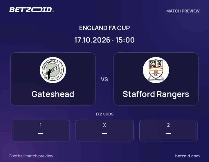 Gateshead - Stafford Rangers Gateshead vs Stafford Rangers: England FA Cup match preview with team badges and kick-off details.