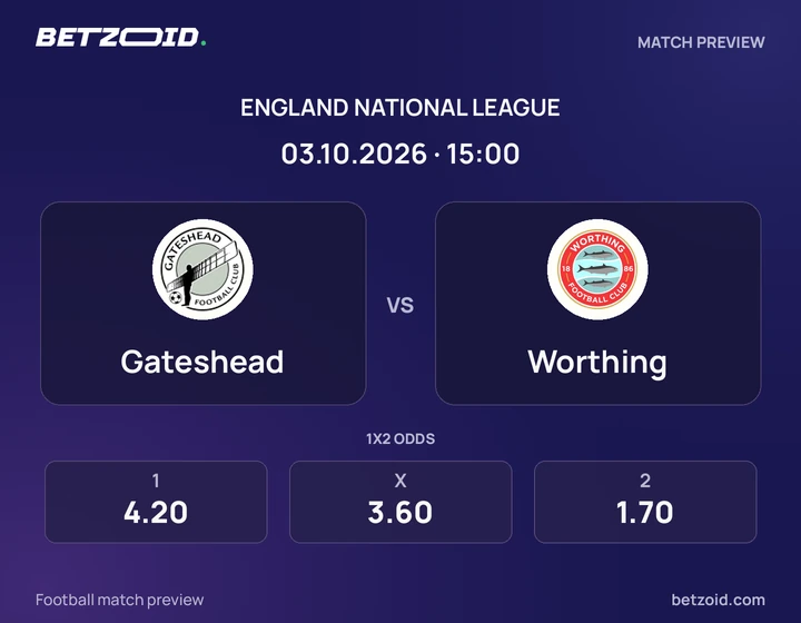 Gateshead - Worthing Gateshead vs Worthing: England National League match preview with team badges and kick-off details.