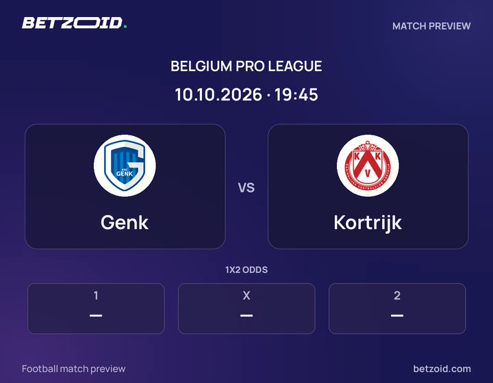 Genk - Kortrijk Genk vs Kortrijk: Belgium Pro League match preview with team badges and kick-off details.